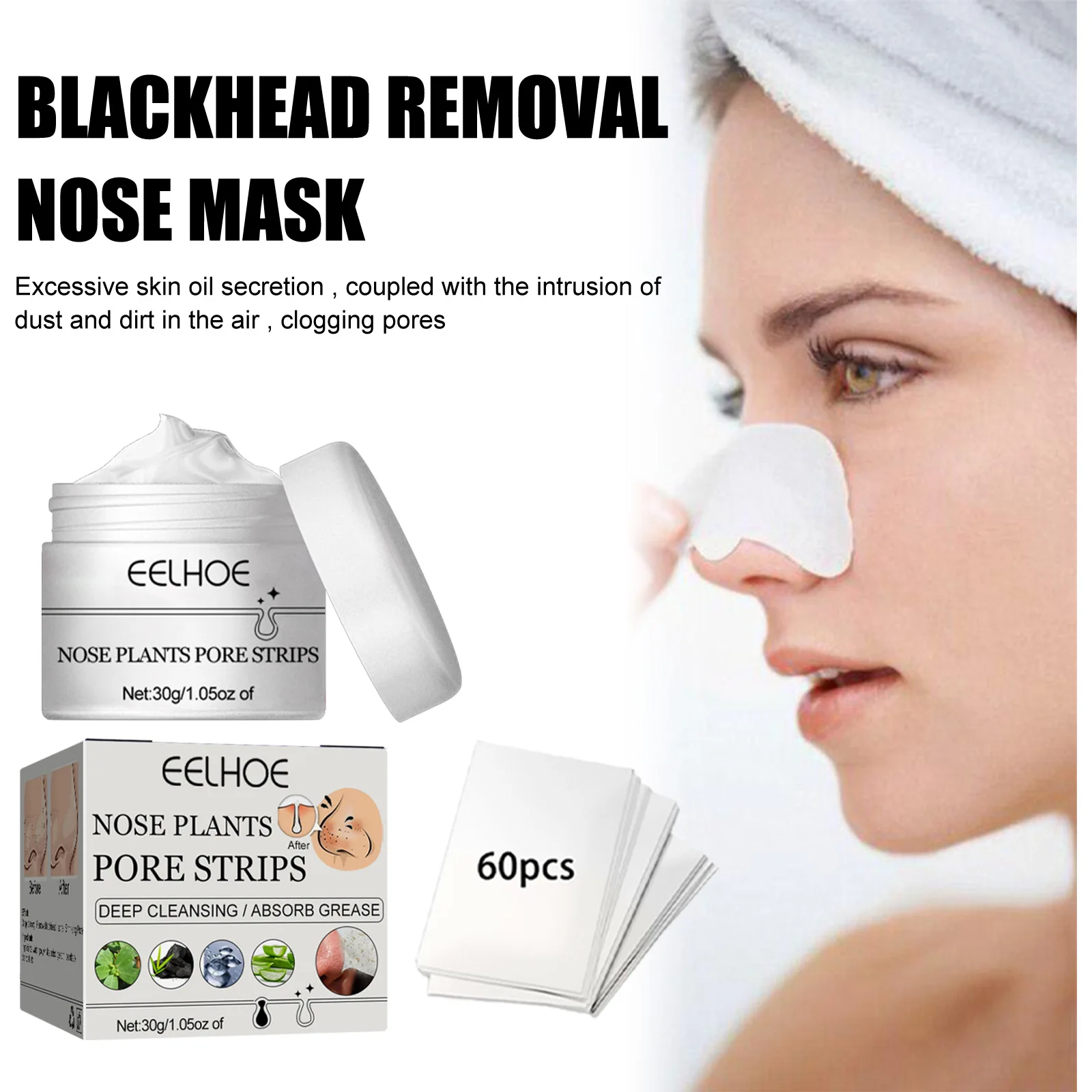 

Remove blackhead nose mask gentle deep cleaning pore suction acne blackheads with 60 sheets of paper tear pulling nose mask