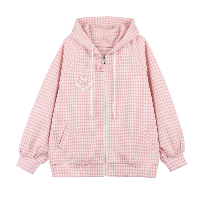 

Pink Plaid Coat Womens Autumn 2022 Strawberry Cake Embroidery Loose Jacket for Sweet Girl Kawaii Clothes