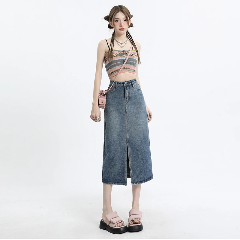 Real time split denim skirt for women in pink summer 2023 new high waisted and slim versatile mid length covered hip skirt