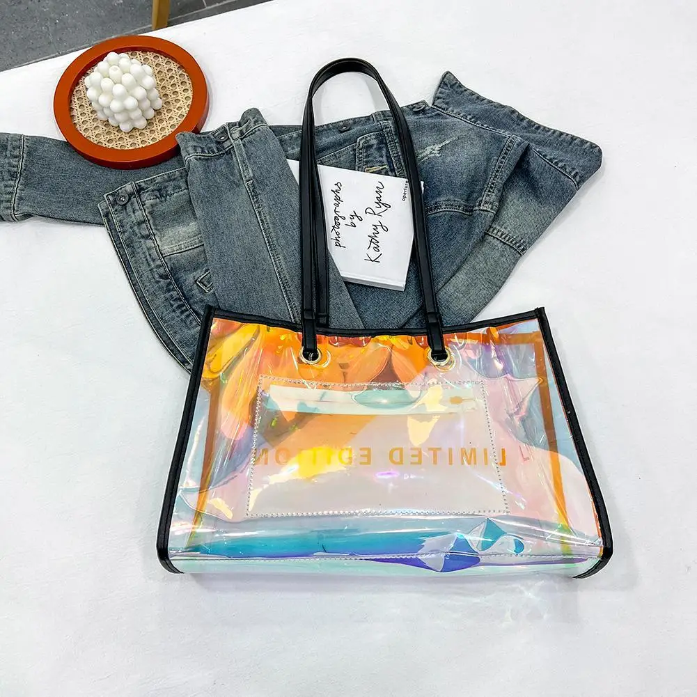 Female Casual Laser PVC Clear Summer Holiday Beach Portable Clutch Tote Bags for Christmas Birthday Party Gift