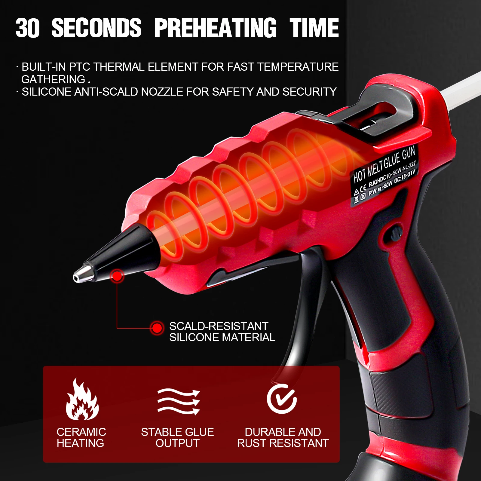 50W Cordless Hot Melt Glue Gun with 30Pcs 7mm Glue Sticks Repair DIY Tool Fit for Milwaukee/Dewalt/Makita 18V Li-ion Battery 4