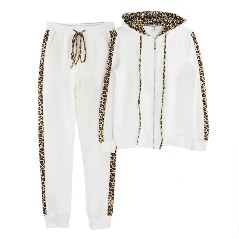 Autumn Winter Tracksuit Women Splice Fleece Leopard Print Coat With Hood Two Pieces Set Hoodies Long Pants Suit Woman Sportswear sports suit,women shirt shorts set