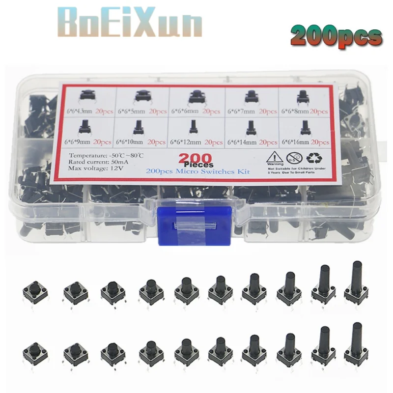 

200pcs/lot Mini Button Switch Diy Kit 6*6*5/6/8/10/12/16mm rice cooker / telephone / PCB Board Maintenance use Keys Switch Set