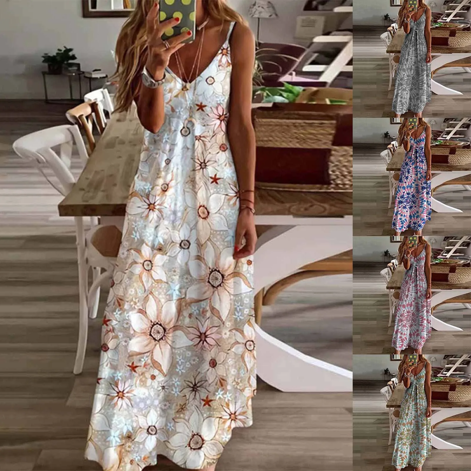 

Bohemian Print Spagheti Strap Dress Elegant Women Sexy V Neck Sleeveless Beach Holiday Sundress Female Casual Loose Robe Vestido