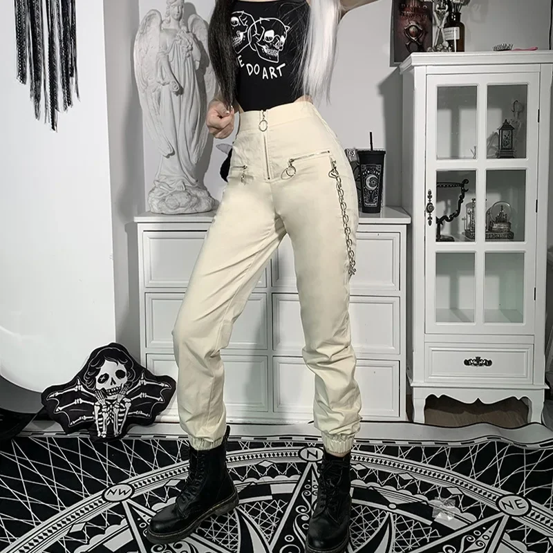 Gothic Style Harajuku Zipper Streetwear Women Casual Harem Pants Chain Pure Black Pants Cool Fashion Hip-hop Trousers Trousers