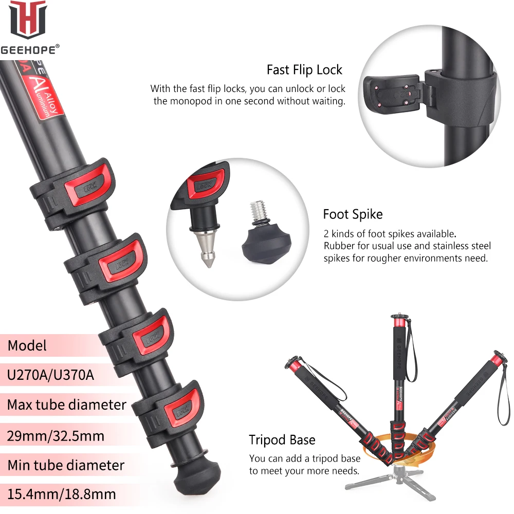 Geehope-professional Video Câmera Stand Alumínio Liga Monopé Seção Leg Fit para Canon Nikon Gopro Dslr Camcorder U270a U370a - Image 2