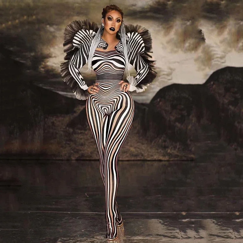 

Новый Модный комбинезон с узором зебры, женский сексуальный сценический костюм певицы, комбинезон для бара, танцев, косплея, костюм для представлений