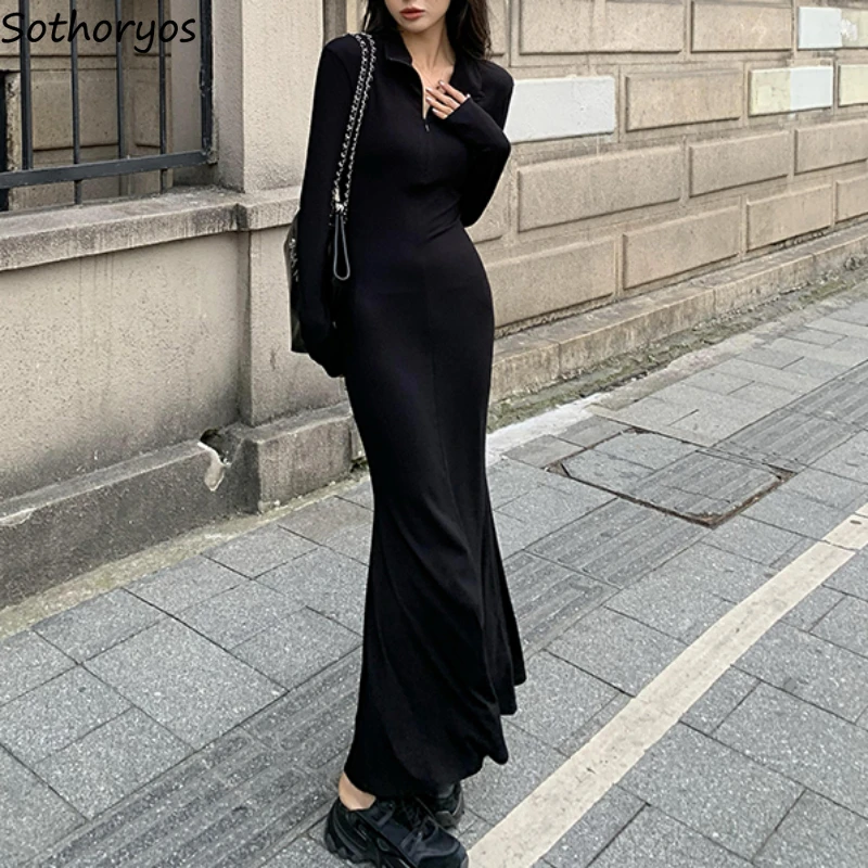 

Черное платье с V-образным вырезом и длинным рукавом, женское сексуальное облегающее элегантное уличное платье Ulzzang Temper Ulzzang, простое Макси-платье