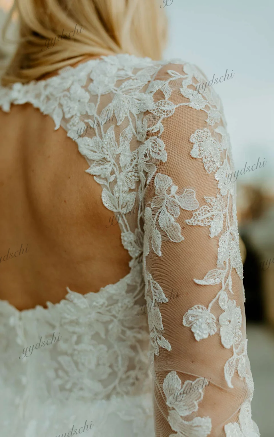 Maßgeschneiderte Elegante Weiße Hochzeitskleider 2026 mit Langen Ärmeln, Quadratischem Ausschnitt, Applikationen und Rückenausschnitt, Lange Brautkleider Vestido De Noiva – Detail 5