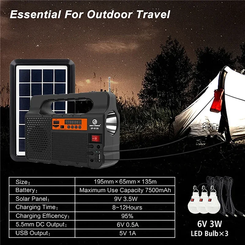 Iluminación Solar portátil, Kit generador de Panel de energía Solar con 3 bombillas LED, iluminación Solar para acampar al aire libre, senderismo, sistema doméstico pequeño