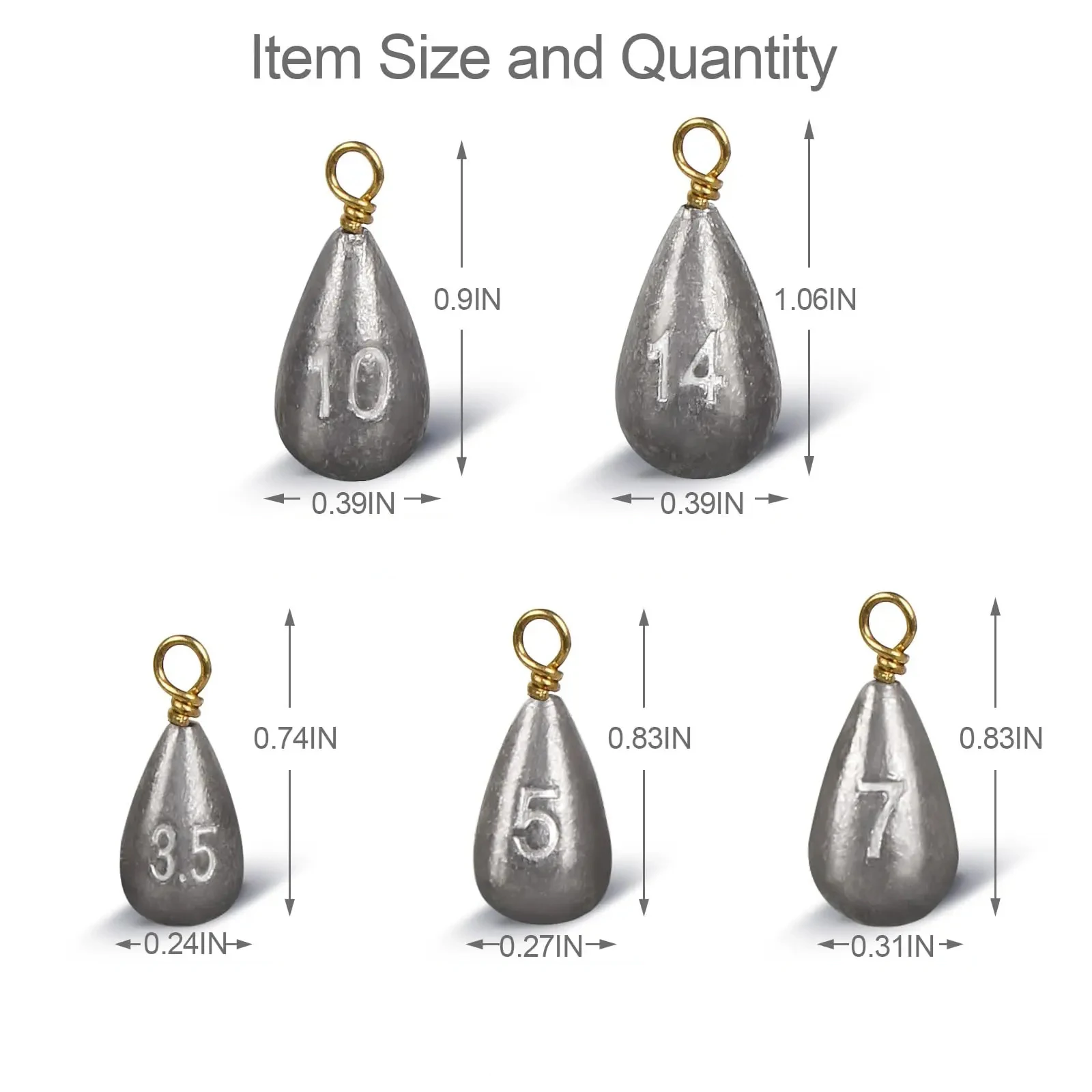 Plombs de pêche 20 pièces 3.5g-14g en forme de larme pour montages Texas, Carolina et bass