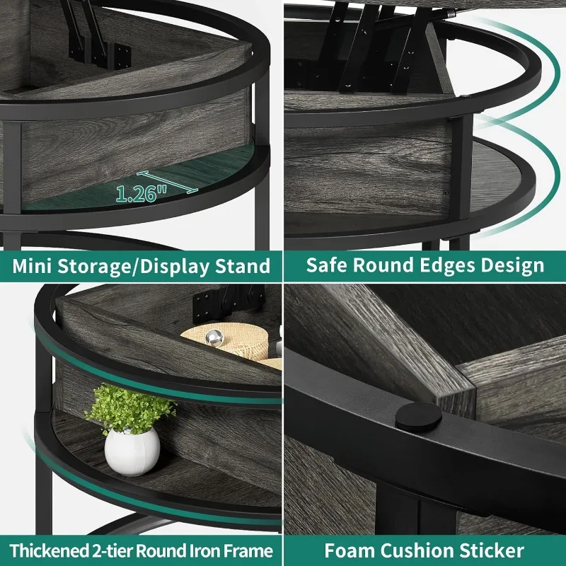 Round lift top coffee table, living room coffee table with hidden storage compartment, coffee table with storage, grey 3