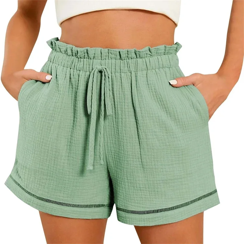 Summer Women's High Waist Shorts Solid Loose Casual Elastic Waist Wide Leg Shorts with Pockets Ladies Comfortable Beach Shorts