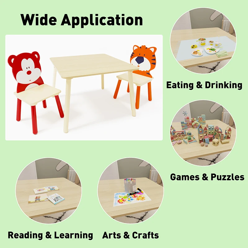 Kids Table and 2 Chairs Set, 3 Pieces Toddler Table and Chair Set, Wooden Activity Play Table Set (Bear&Tiger) 5