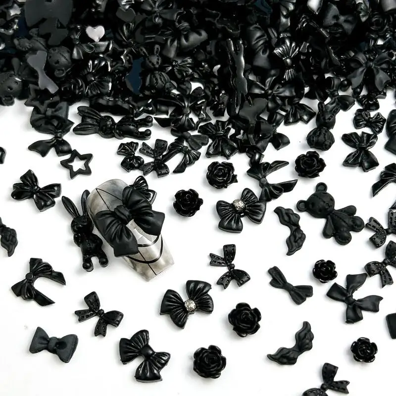 50PCS Mehrere Stil Schwarz Bögen Rose Nail art Dekorationen Harz Mini Herz Stern Dunklen Stil Nagel Charms Handgemachte DIY maniküre – Detail 4