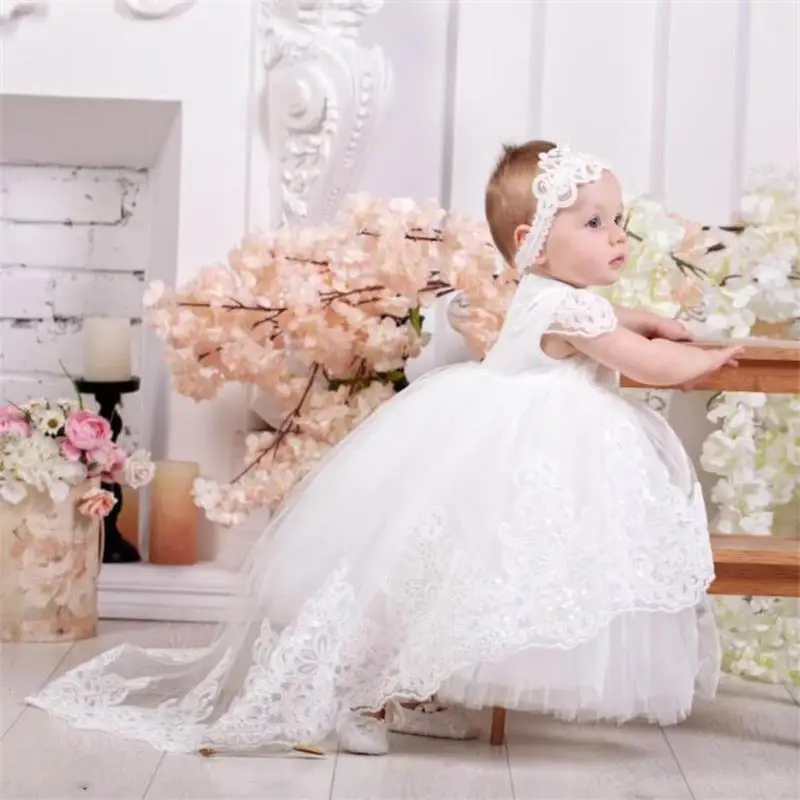 

Baby Girl Christening Baptism Gowns 2022 Flower Girls Dresses Lace Applique Tulle Toddler Blessing Dress
