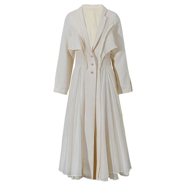 

Women Beige black Pleated Liene Long Elegant Dress New Lapel Neck Long Sleeve Loose Fit Fashion Tide Spring Autumn 2023 dresses