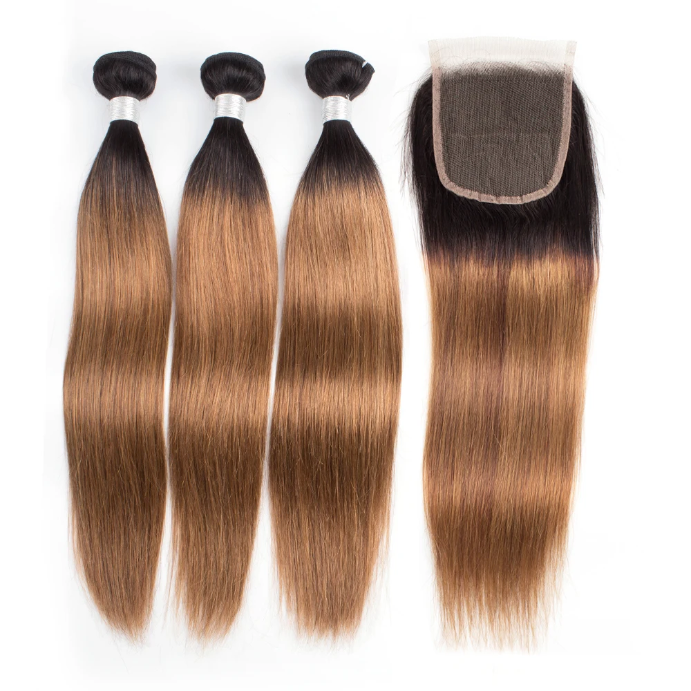 

Gemlong T1B30 Ombre Color 3 Bundles With 4*4 Lace Closure Medium Auburn With Dark Roots Remy Brazilian Human Hair Extension