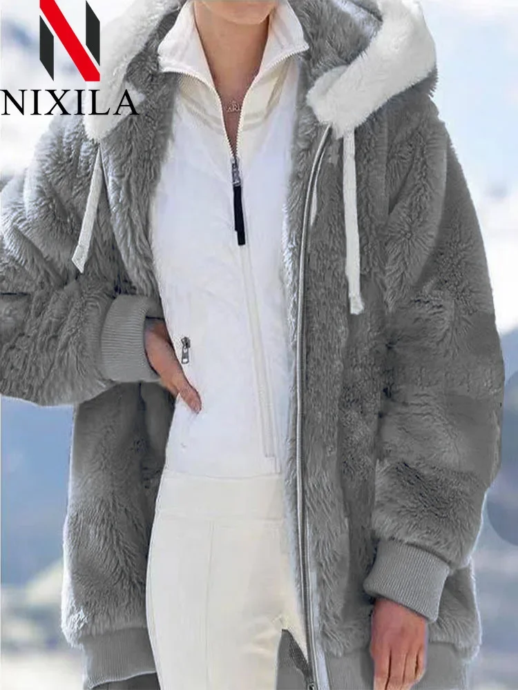New In Spring Autumn Loose Plush Zipper Hooded Jacket Women's