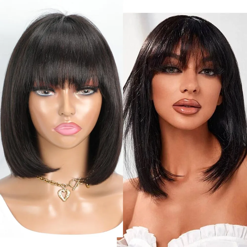 

Straight Hair Bob Wigs Brazilian Straight Human Hair Wigs With Bangs Glueless Full Machine Made Wig Long Fringe Bang Wig