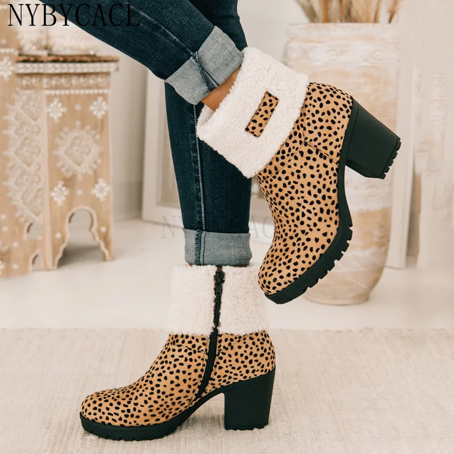 Round Toe Booties Winter Women Leopard Ankle Boots Lace Up Footwear Platform High Heels Wedges Shoes Woman Bota Feminina New 43