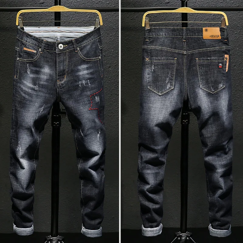 

Fahsion Spring New Black Men Jeans Slim Feet Elastic Pants Straight Tube Denim Trousers
