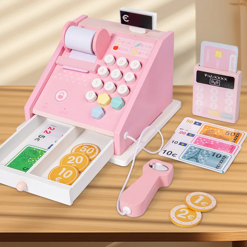 New Play House Toys Wooden Cash Register Toys Simulation Supermarket Checkout Counter Children Role-Play Girl Birthday Gift
