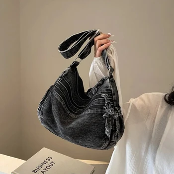Borsa a tracolla di grande capacità Borse a tracolla multitasche Borsa a tracolla da donna con tracolla regolabile Borsa a tracolla da donna in denim vintage