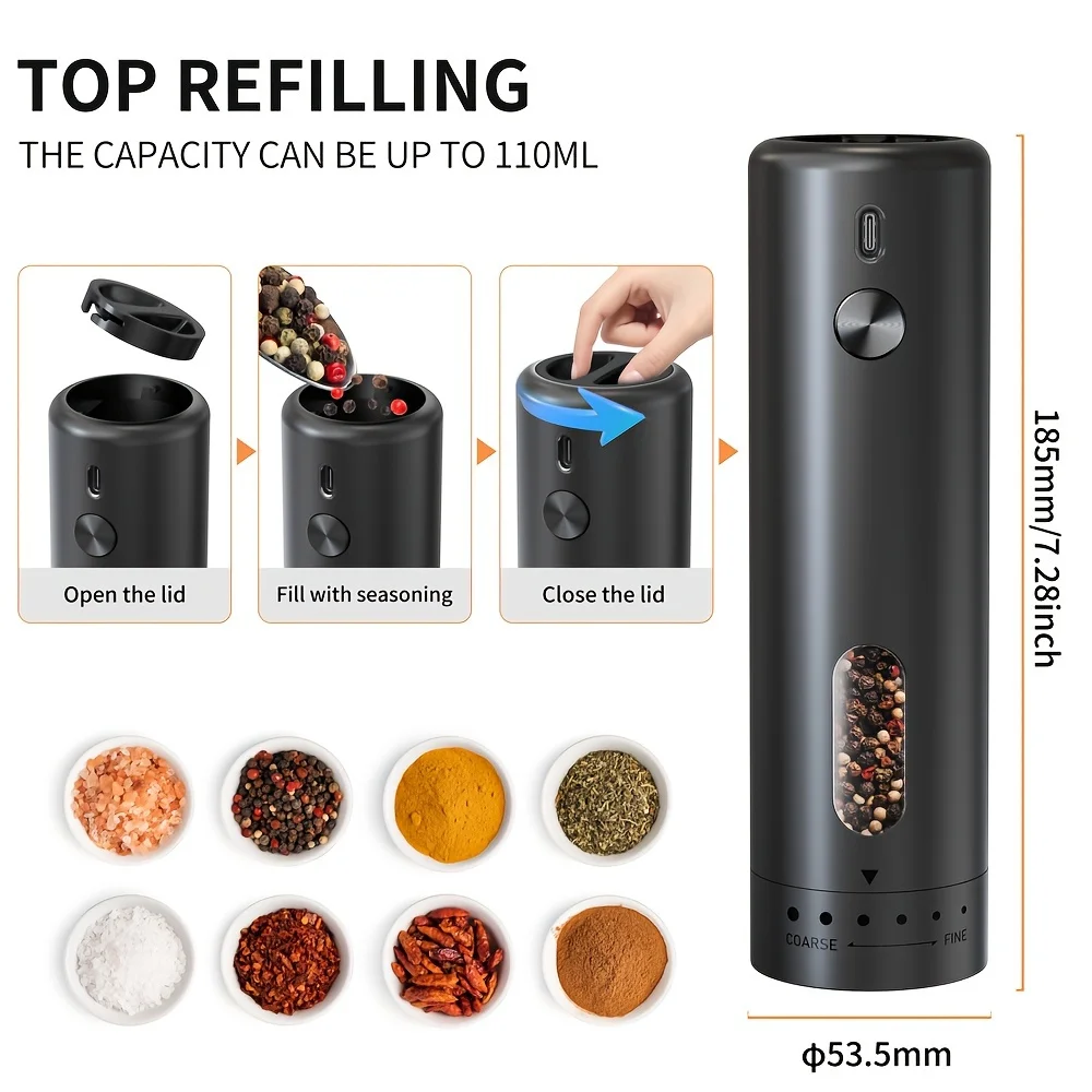 USB Rechargeable Electric Pepper Grinder-ABS Body, Adjustable Coarseness, One-Button Operation Ideal Kitchen Essential