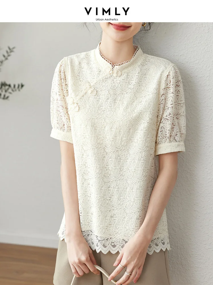 Vimly Elegant Chic Lace Blouse for Women 2023 Summer Chinese Style Stand Collar Short Sleeve Hollow Out Fashion Fairycore Shirts vimly summer 2023 floral print women s shirts french chic chiffon shirts