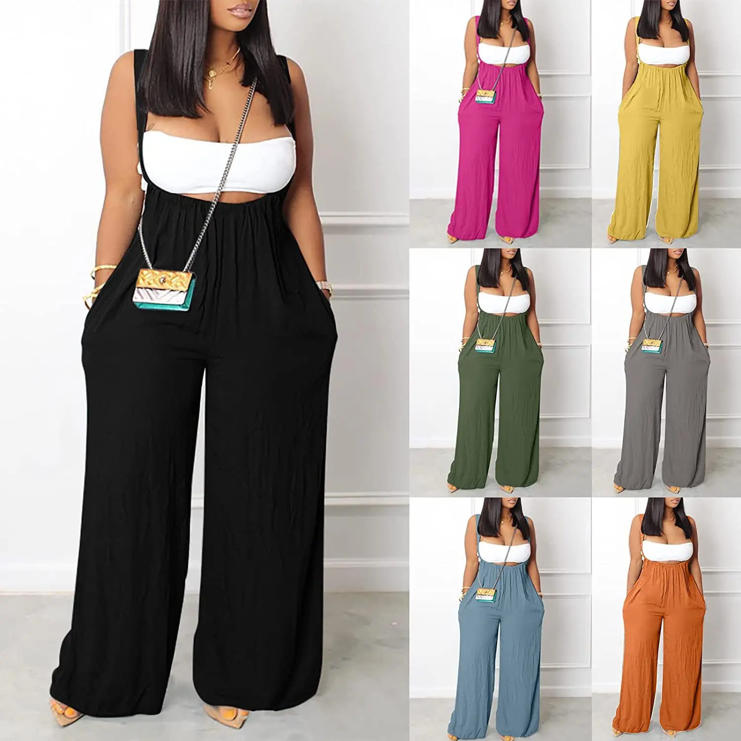 

Loose Lady Bib Pant Suspender Trouser Casual Female Women Wide Leg Romper One-Piece Overalls Strap Jumpsuit Streetwear Plus Size