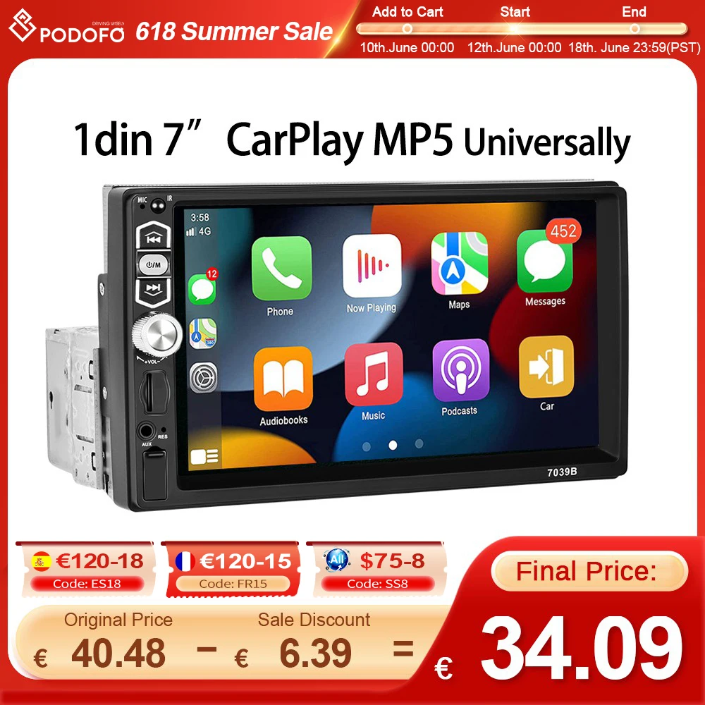 Podofo 1din Wireless Carplay Mp5 Player Android Auto Car Radio 7