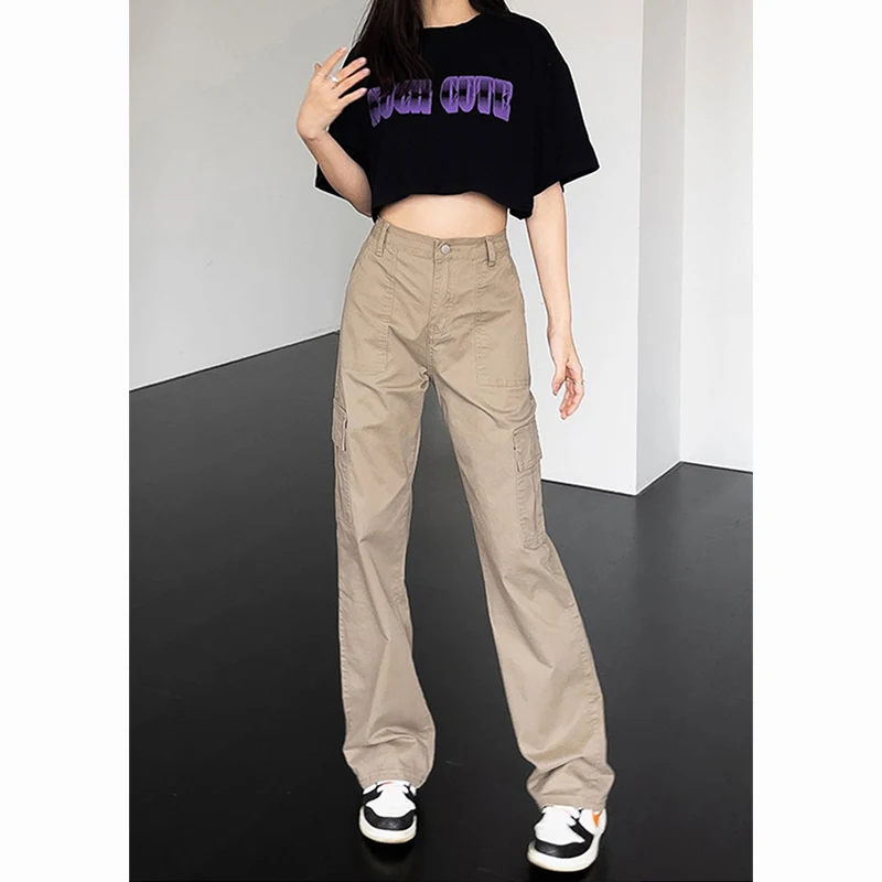 Khaki High Waisted Retro For Women's Summer Cargo Pants Multiple Pockets Vintage Fashion Tooling Style Straight Wide Leg Trouser