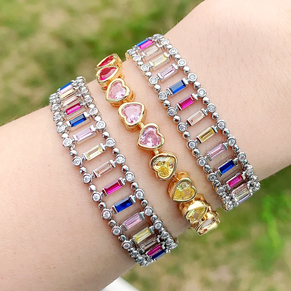2023 Fashion New Micro Pave Pastel Colorful Cubic Zirconia Tennis Chain Bracciale Per Le Donne Geometric Cz Rainbow Luxury Jewelry