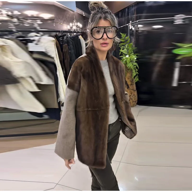 Faux Fur Patchwork Jacket – Women's Woolen Winter Coat With Belted Stand Collar