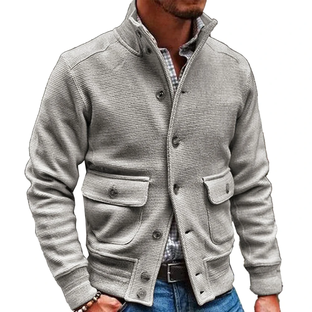 

Mens Stand Collar Jacket Knit Coat Single Breasted Outwear Autumn Winter Style Grey Black Navy blue Khaki