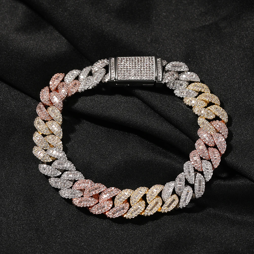 UWIN 12mm Moon Shaped Baguettecz Bracelets for Women Iced Out CZ Cuban Link Chain 3 Tone Color Bracelet Fashion Jewelry for Gift