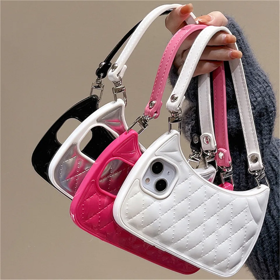 Korean Stylish Diamond Lattice 3D Handbag Phone Case For iPhone 14 13