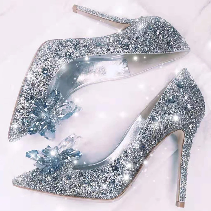 Sparkly Silver Cinderella Crystal Wedding Shoes 2021 Leather Sequins 10 cm  Stiletto Toe
