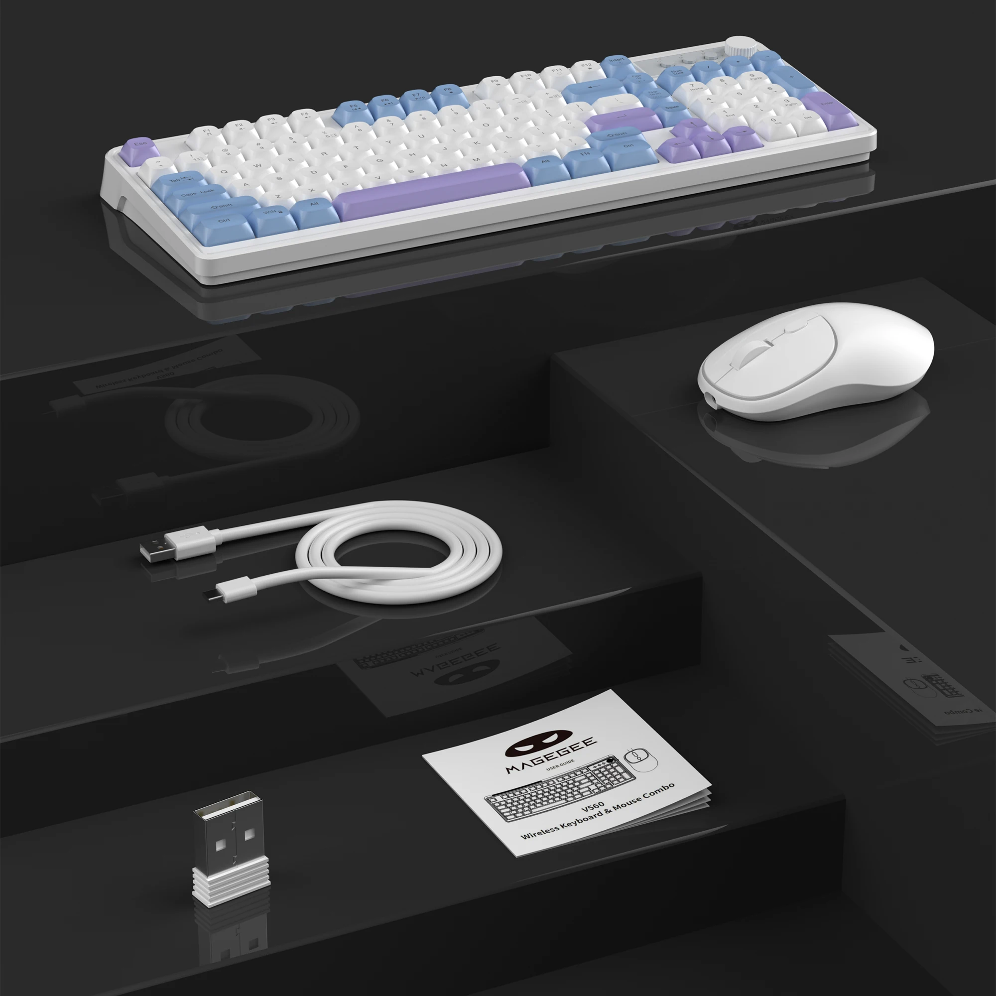 MageGee 무선 게이밍 키보드 및 마우스 콤보 V560, RGB 백라이트 충전식 기계식 느낌 2.4GHz 조용한 블루 화이트 퍼플 K
