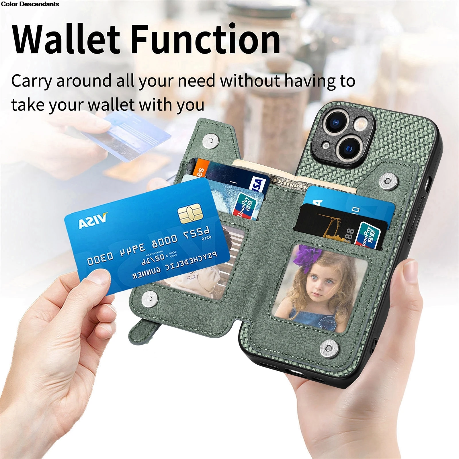 Leather Zipper Wallet Case with Magnetic Card Slots and Flip Cover