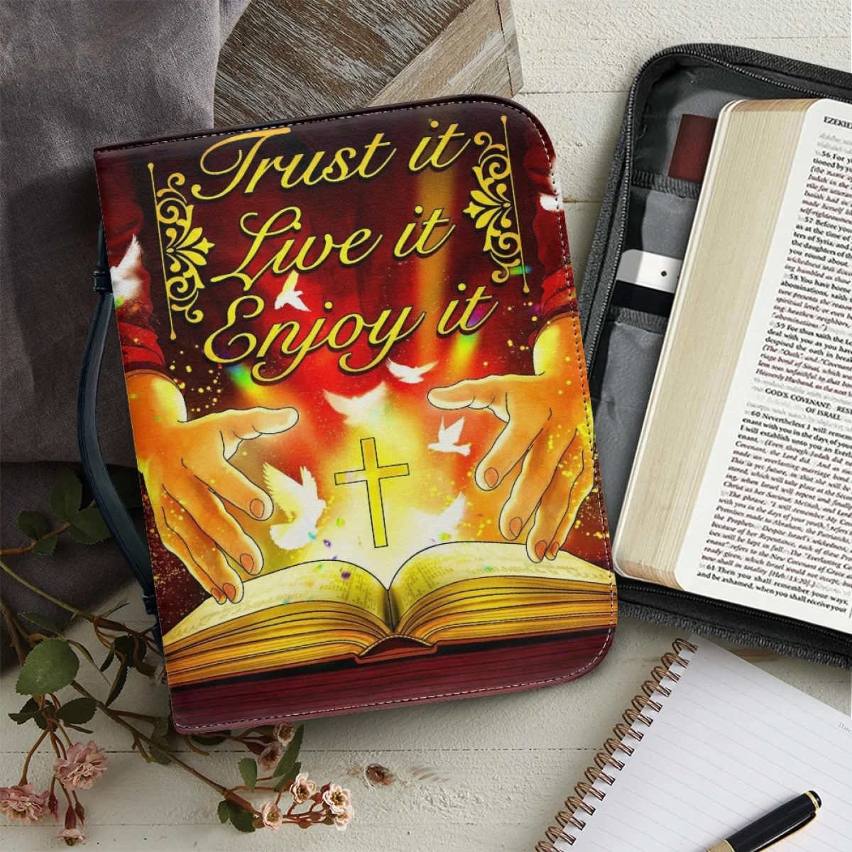 

Christianity God Jesus Print Leather Bible Cover Case for Women Practical Zippered Handle Handbags Study Book Holy Storage Boxes