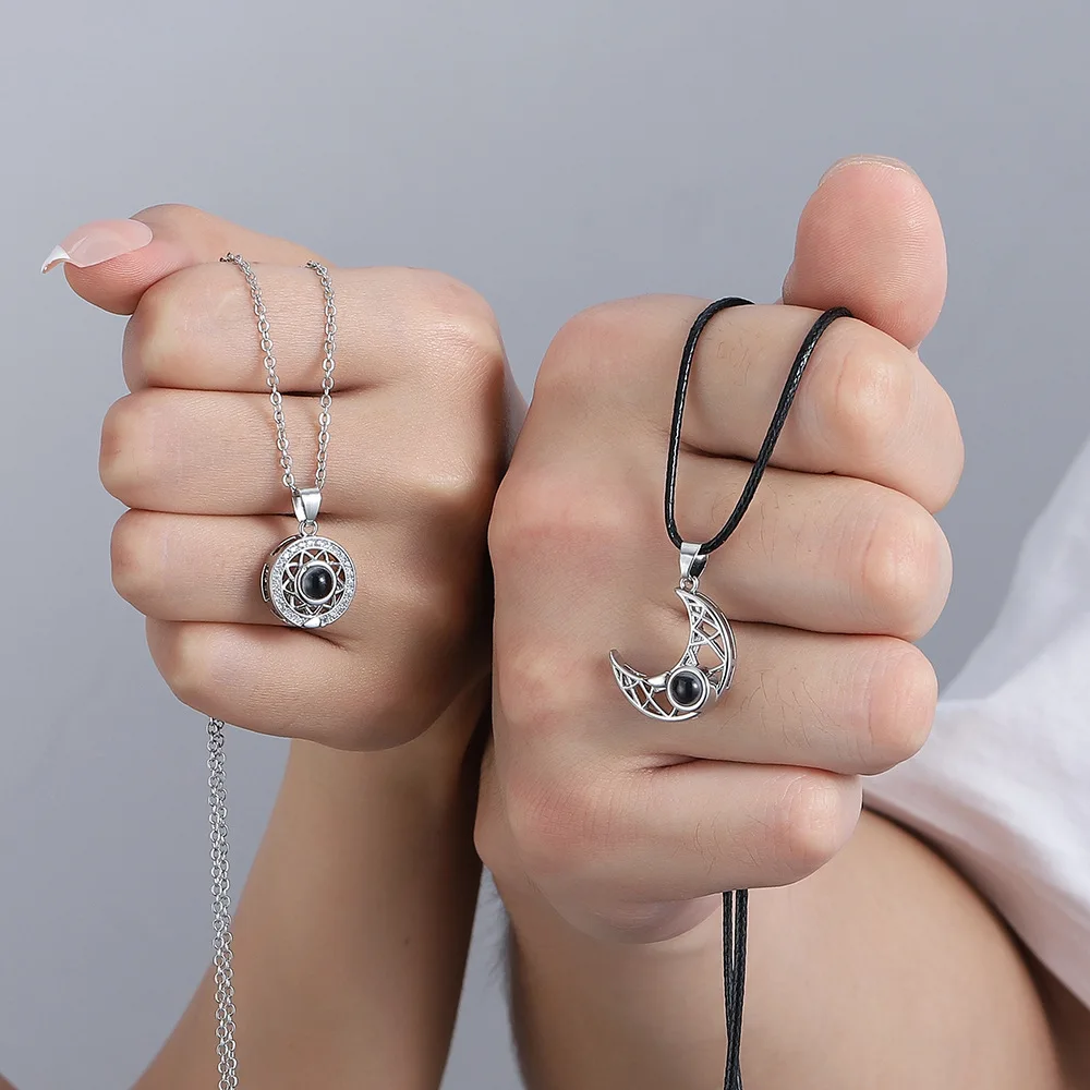 2PCS Magnetic Couple Matching Necklace 100 Languages I Love You Projection Sun Moon Heart Shape Magnet Paired Pendant Lover Gift_voghion.com