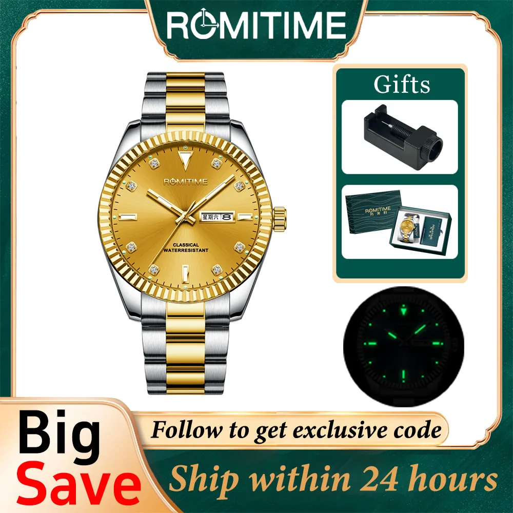 ROMITIME Original Brand Luxury Quartz Watches For Men Stainless Steel Calendar Diamond Dial Male Watch Luminous Waterproof