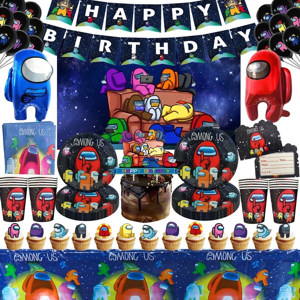 

Space Game Amongus Birthday Decoration Banner Cake Top Cutlery Cup Plate Party Latex Balloon Baby Shower Boys Party Supplies
