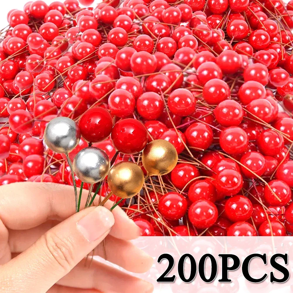 Christmas Decorations 200/100/50Pcs Christmas Berries Simulation Berry Artificial Flower Red Fruit Cherry Plants Home Christmas Party DIY Decoration