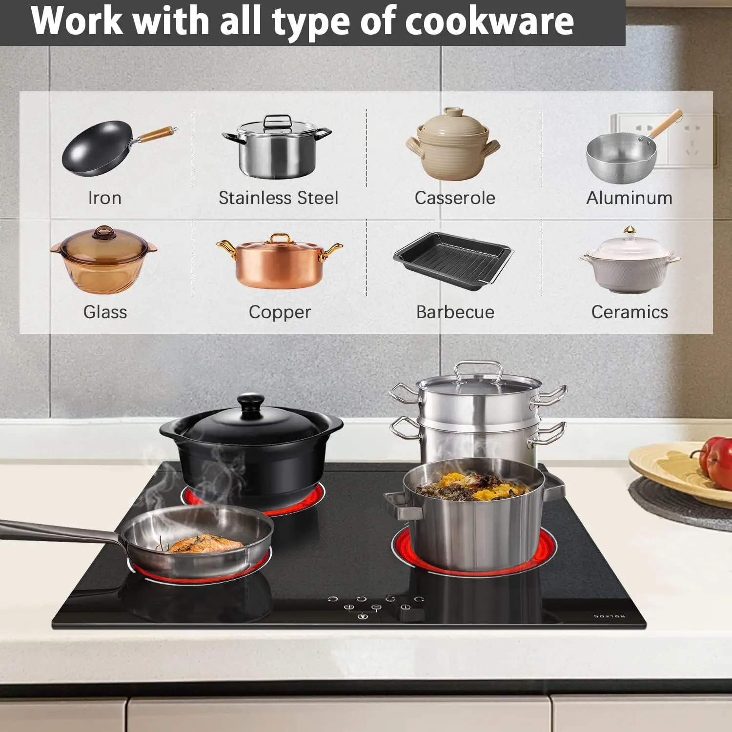 Ceramic , Built-in 4 Burners Electric Stove Electric Cooker Hob With Touch Control Child Lock Timer Easy To Clean