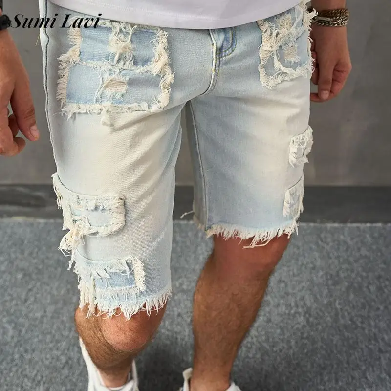Y2K Style Ripped Design Mens Denim Shorts Summer Trendy Solid Color Slim Fit Jean Shorts Men Vintage Straight Denim Short Pant