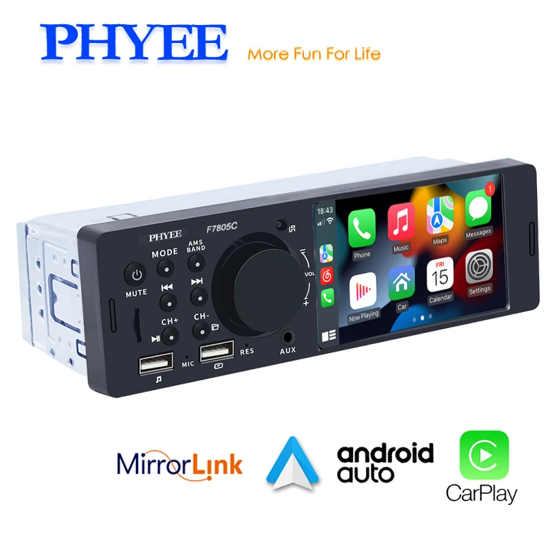 4.1 Radio del coche 1 Din Pantalla táctil Reproductor de video Mp5 Dual  USB Tf Bluetooth Manos libres 7 colores Iluminación Iso Unidad principal  Phyee 7805c