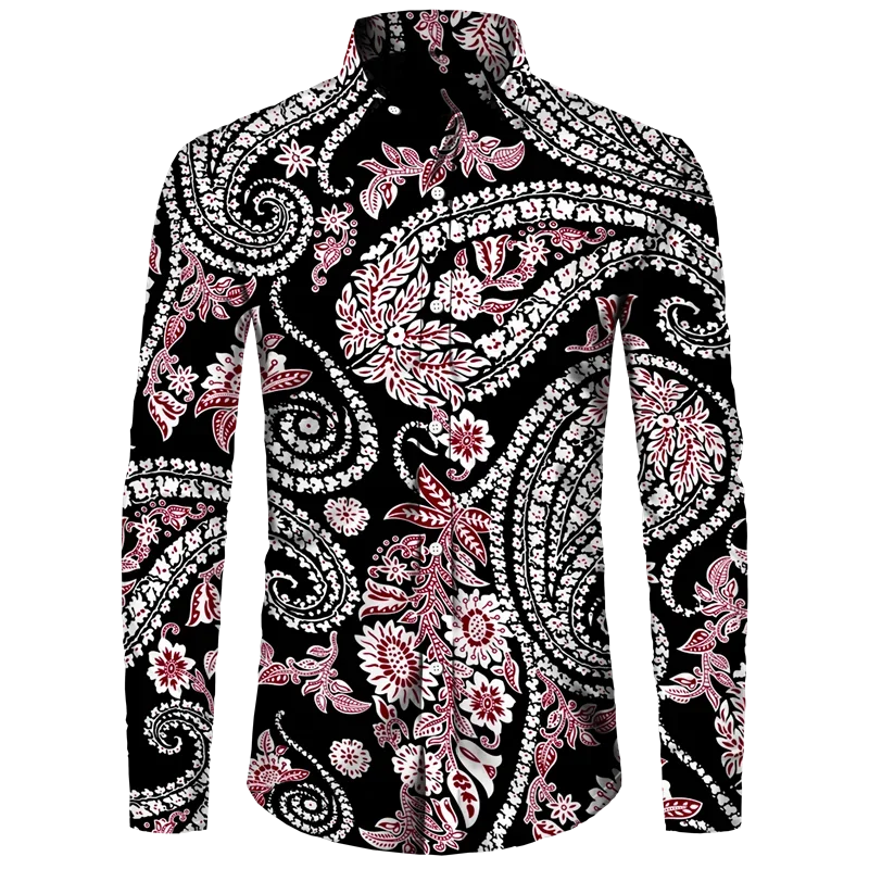 thumbnail image 1 of Camisa de moda para hombre, estampado 3D de flores de anacardo de cachemira, cuello vuelto, botones, manga larga, ropa de calle vintage para hombre y mujer, 1 of 5
